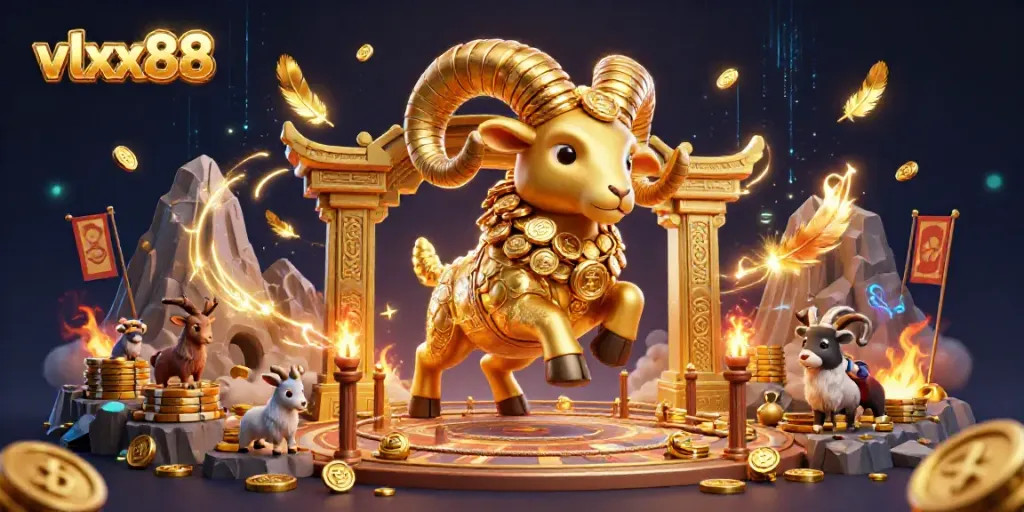 Experience the excitement of vlxx88 with a golden ram charging into a dynamic casino arena filled with festive elements.