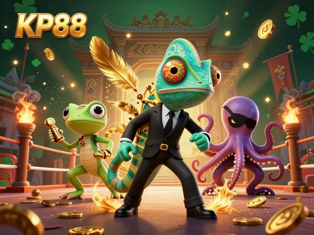 Experience thrilling gameplay at KP88 with exciting characters battling in a vibrant casino scene.