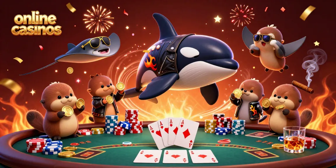 Engage in online casinos with this vibrant 3D scene featuring a jumping orca, aviator stingray, and playful sea otters.