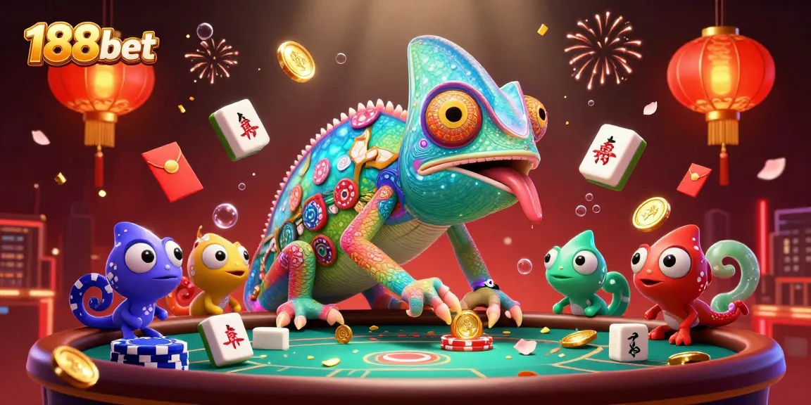 Engaging illustration of 188bet's colorful casino environment with a dynamic chameleon owner and festive game elements.