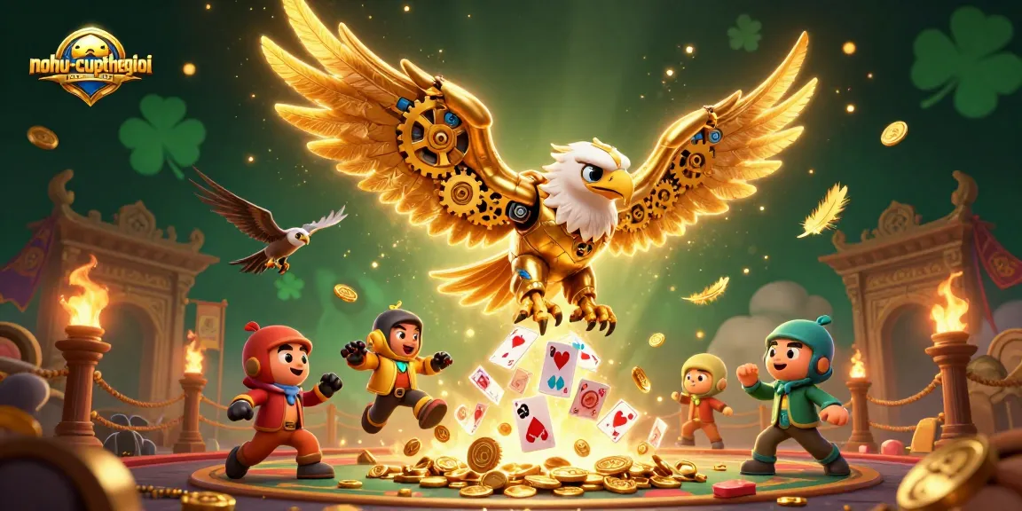 The nohu-cupthegioi gaming scene showcases thrilling bets with a cybernetic eagle amid golden coins and cards.