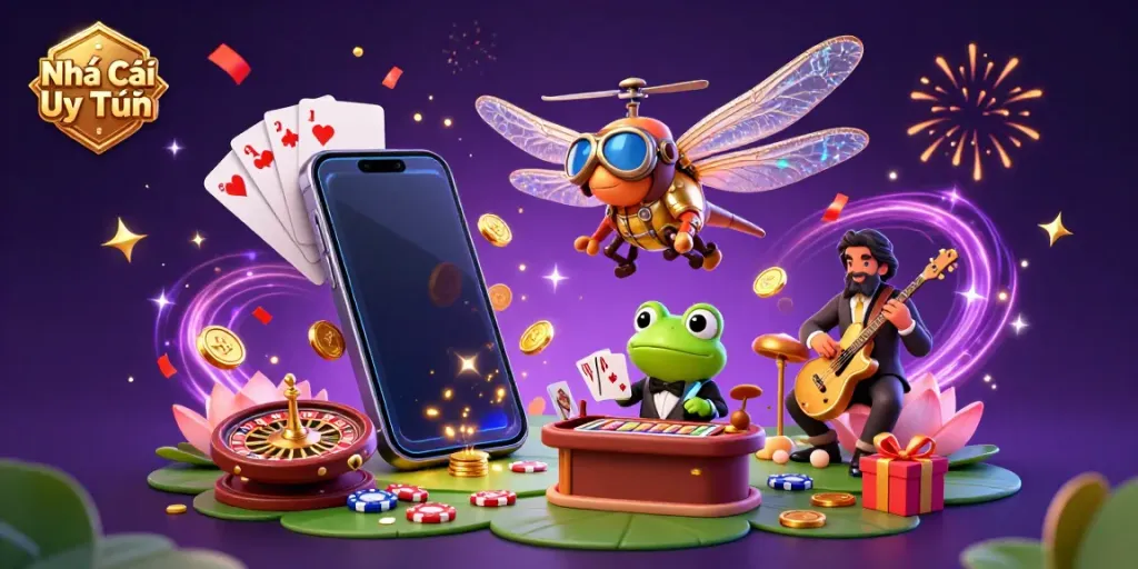Engage with the vibrant and dynamic scene showcasing Nhà Cái Uy Tín, featuring a quirky dragonfly pilot and a frog dealer in action.