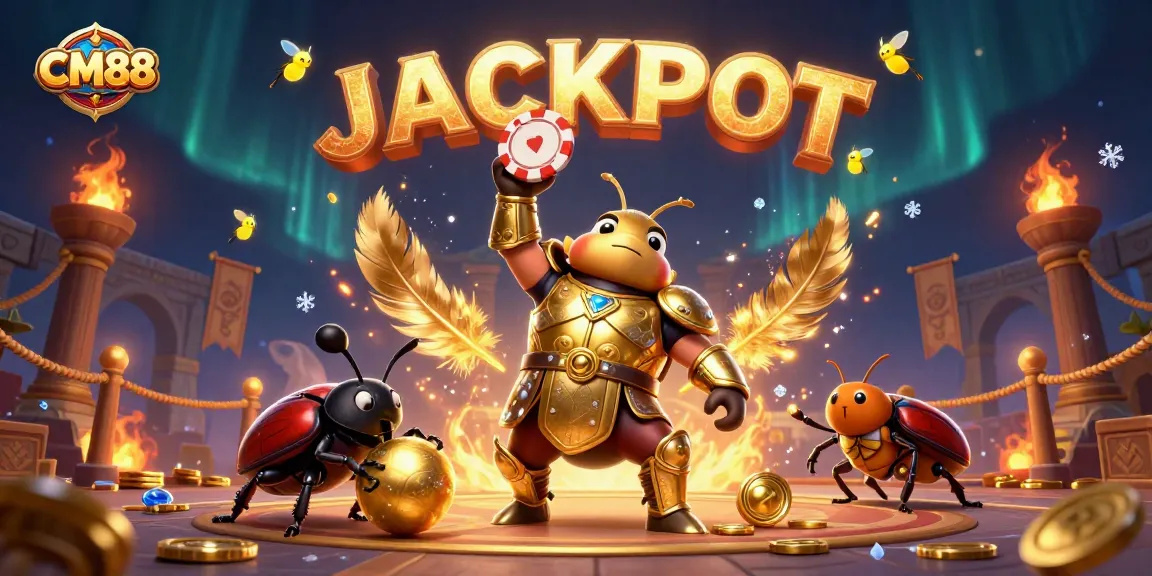 Engage with CM88’s vibrant casino atmosphere featuring a beetle champion lifting a poker chip and golden symbolism.