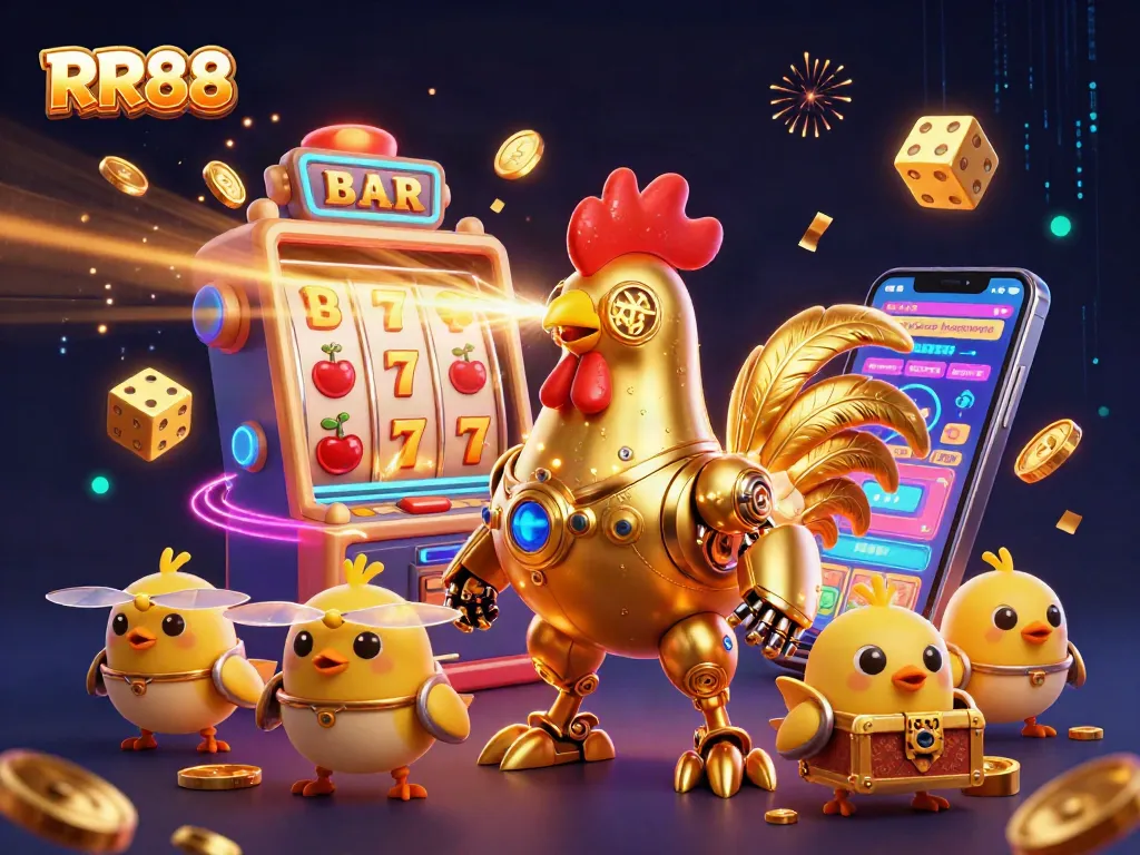 RR88 promotes excitement with colorful slots, golden symbols, and a dynamic rooster robot in action.