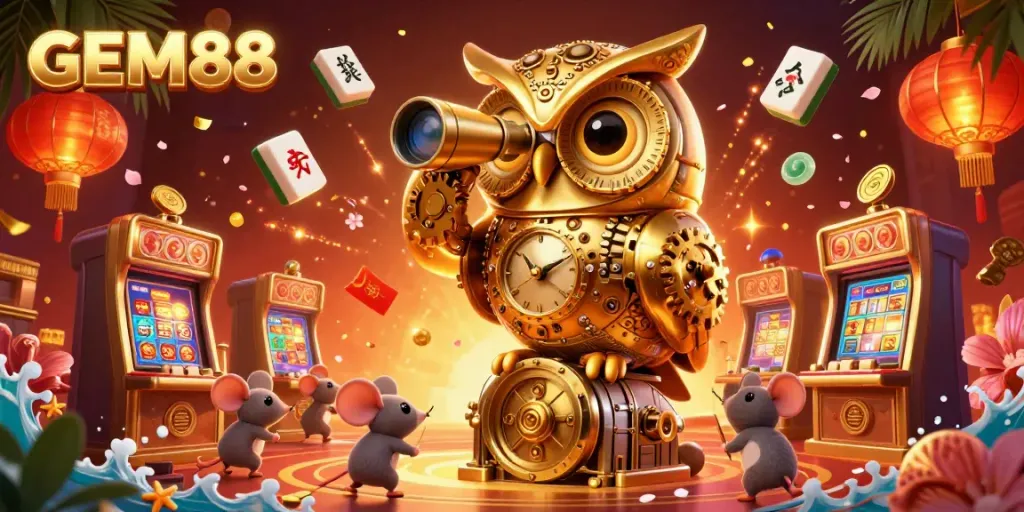 Experience excitement at GEM88 with a vibrant 3D illustration of a clockwork owl and lively casino elements.