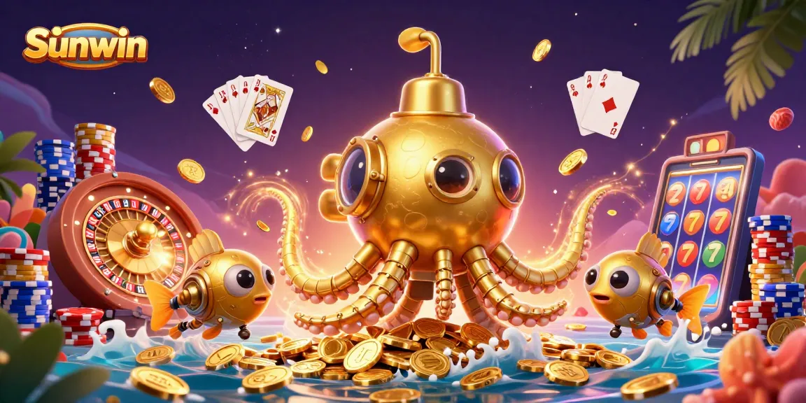 Experience the excitement of Sunwin with a vibrant illustration of a golden kraken submarine surrounded by casino elements.