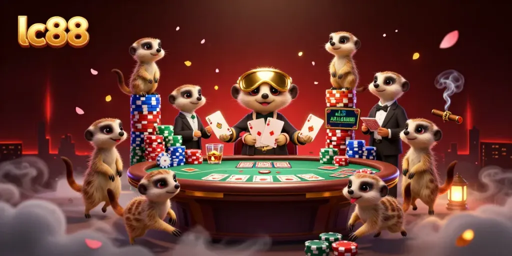 Experience thrilling gameplay at lc88 with a lively casino scene featuring card dealers and meerkats.