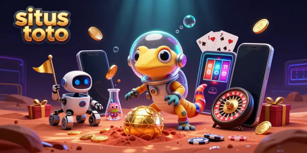 Experience situs toto with a playful Martian gecko discovering a golden casino in vibrant detail.