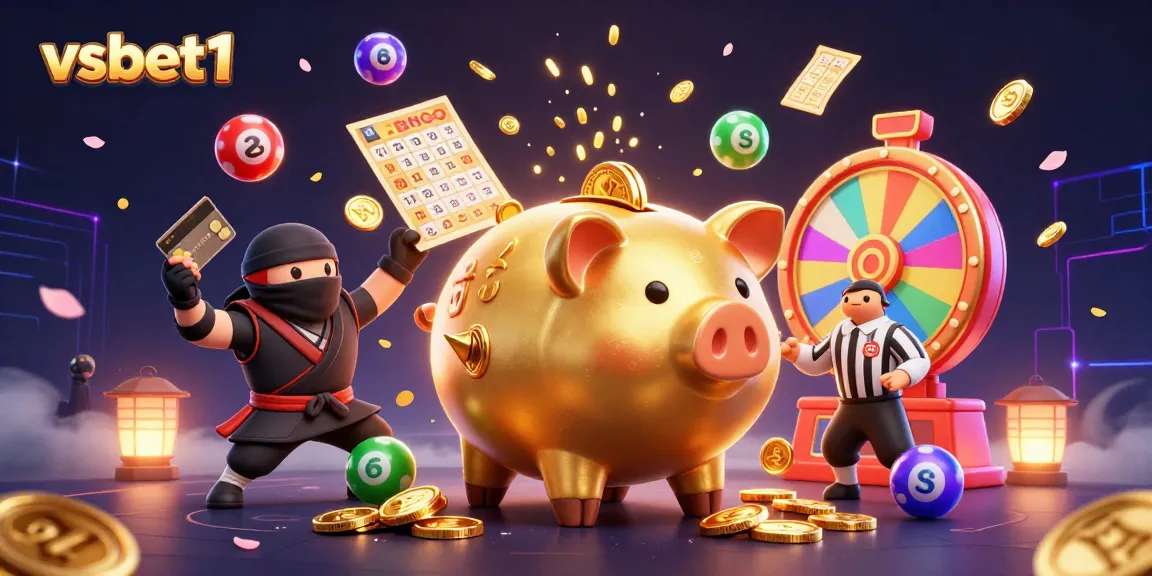 Engage with vsbet1 in a vibrant casino scene featuring a piggy bank sumo wrestler and a wallet-ninja.