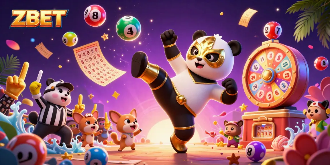 ZBET brings excitement with a panda wrestler kicking while animals cheer amidst dynamic colorful lottery elements.