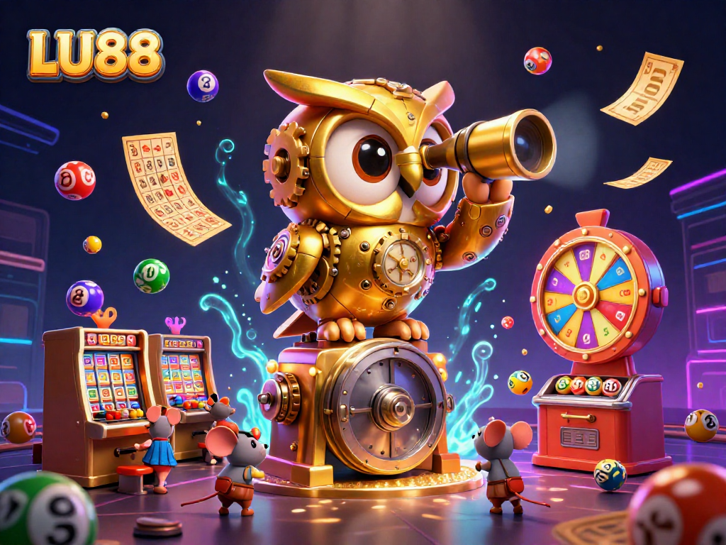 LU88 casino experience with a clockwork owl and vibrant lottery elements creating a thrilling atmosphere.