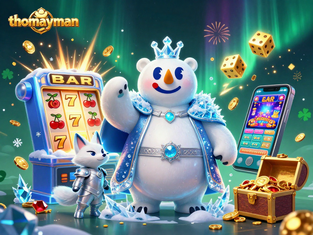 Spin to win with thomayman: Dynamic jackpot scene featuring polar characters and celebratory casino elements.