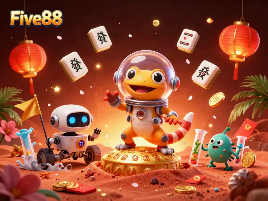 Experience excitement at Five88 as a Martian gecko uncovers a hidden golden casino in a vibrant cosmic scene.