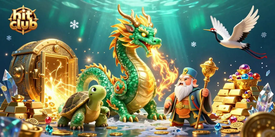 Engage with the vibrant hit club scene featuring a dragon and turtle amidst treasures.