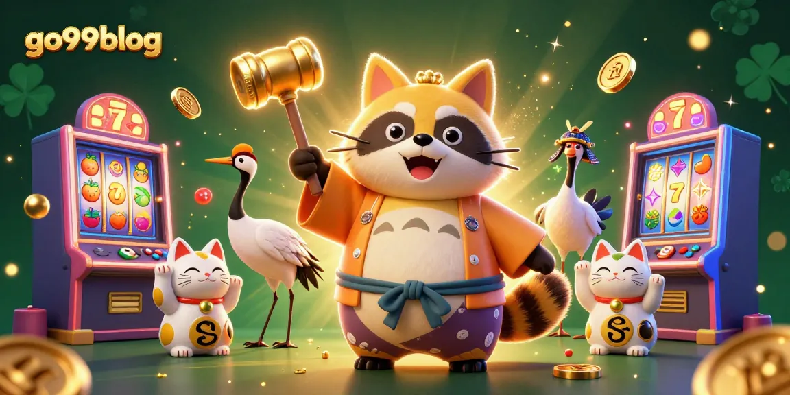 Spin into action with go99blog's vibrant casino illustration featuring a tanuki and lucky symbols.
