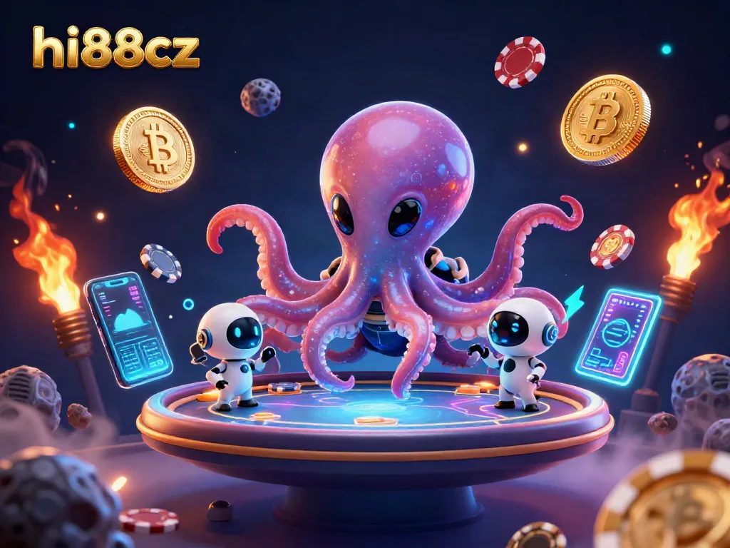 hi88cz showcases an alien octopus running a holographic poker game in a cosmic casino.