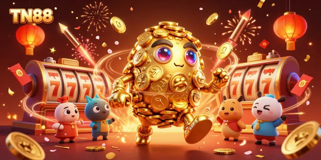 Engage with TN88's dynamic casino universe through a vivid illustration of golden golems and festive elements.