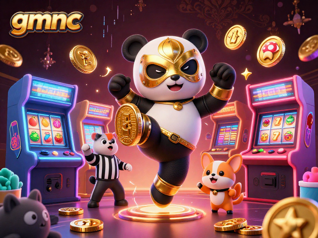 Experience exciting gameplay with gmnc featuring a vibrant scene of a panda wrestler and arcade elements.