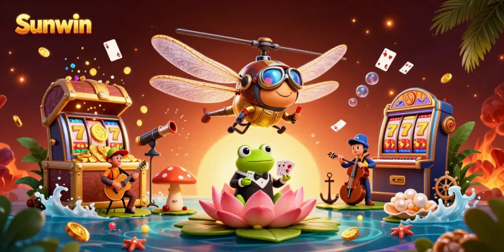 Experience the excitement of Sunwin with vibrant gameplay involving dragonfly pilot, frog croupier, and dynamic slot machines.