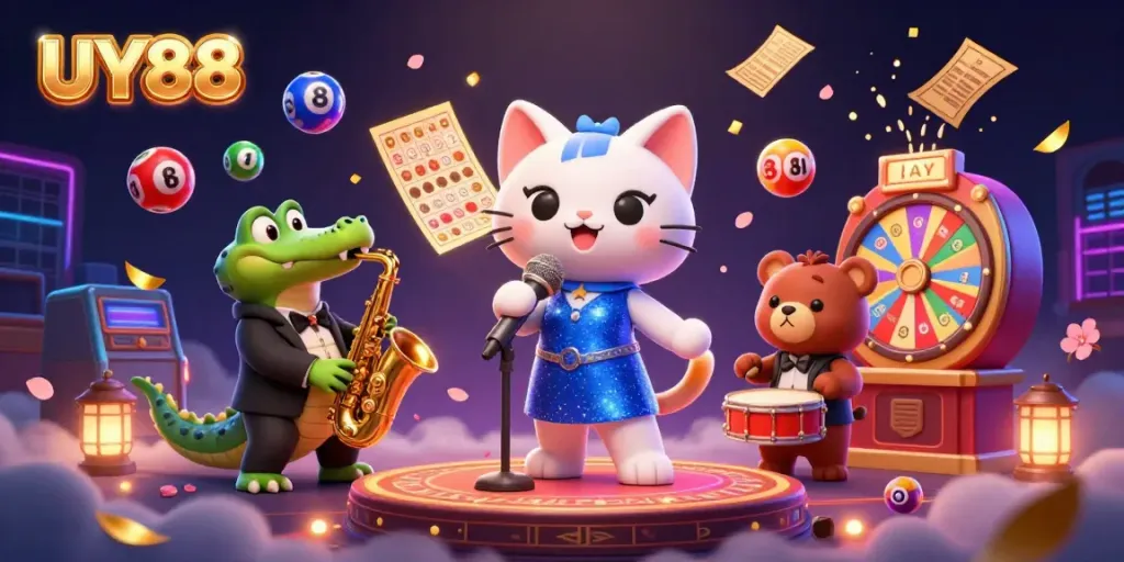 Experience the excitement of UY88 with engaging characters and dynamic lottery elements in a vibrant casino scene.