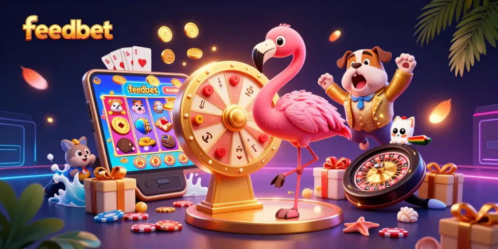 Experience thrilling gameplay at feedbet with a vibrant casino scene including slots and prizes.
