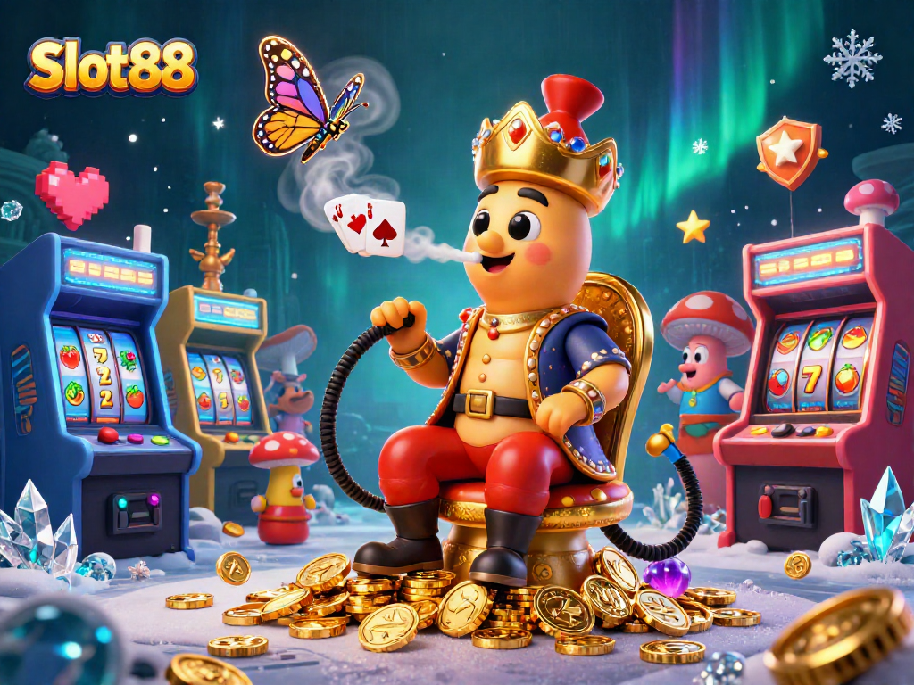 Spin the Slot88 reels in a vibrant casino scene filled with colorful game elements and a whimsical caterpillar character.