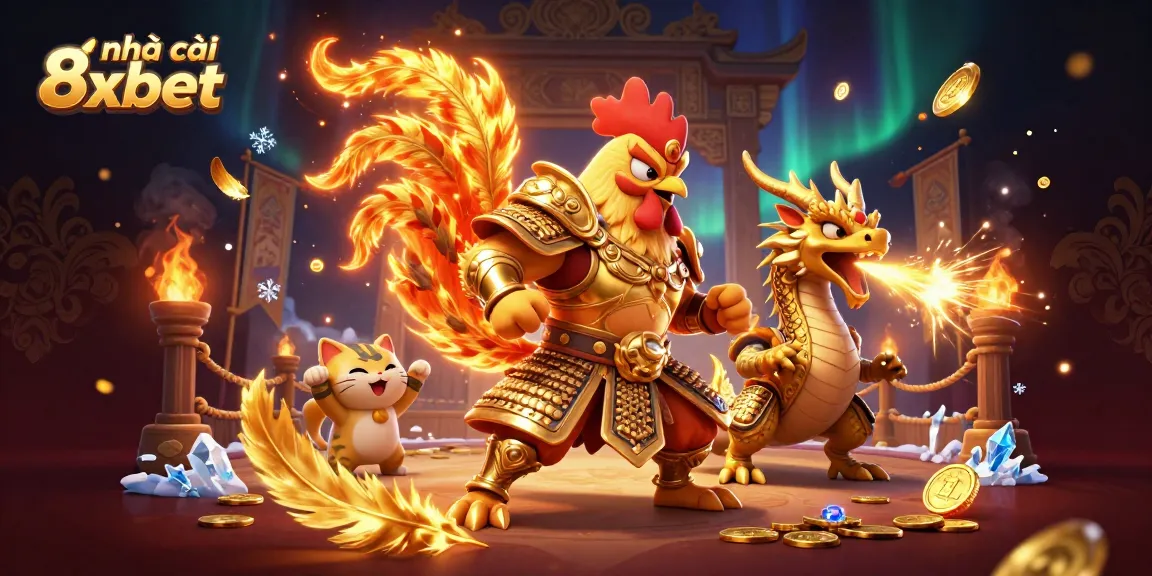 Experience the thrill at nhà cái 8xbet with a powerful rooster warrior and dragon in a fiery arena.