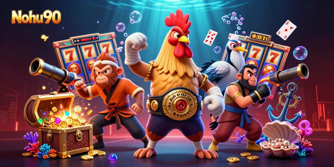 Nohu90 showcases a vibrant 3D casino scene with dynamic characters and slot elements, inviting players to engage.