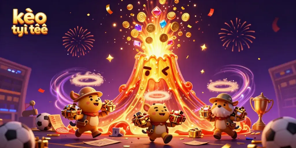 Engage in thrilling kèo trực tuyến with vibrant golden casino elements and playful characters.