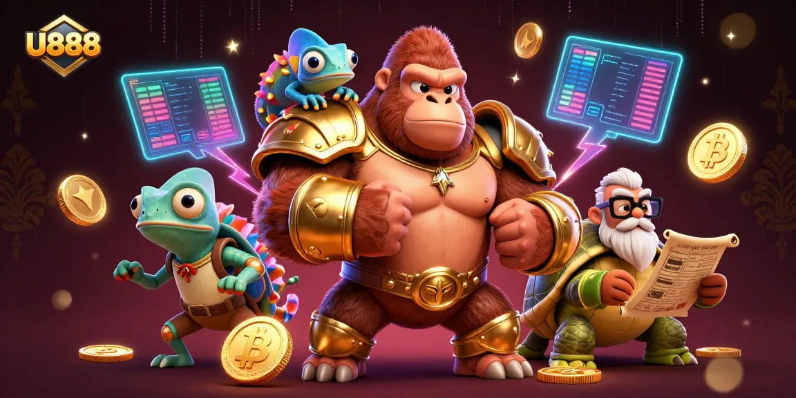 Experience vibrant U888 gaming with a powerful gorilla, chameleon, and tortoise in a dynamic casino setting.