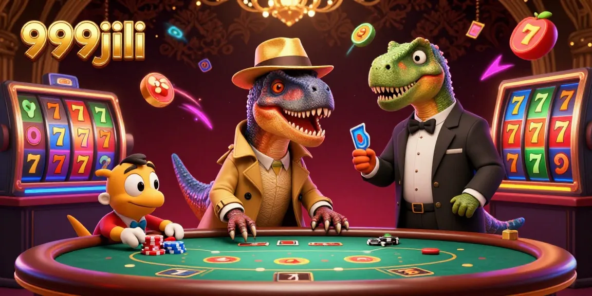 Experience thrilling gameplay with 999jili as a velociraptor card counter sneaks chips at a blackjack table.