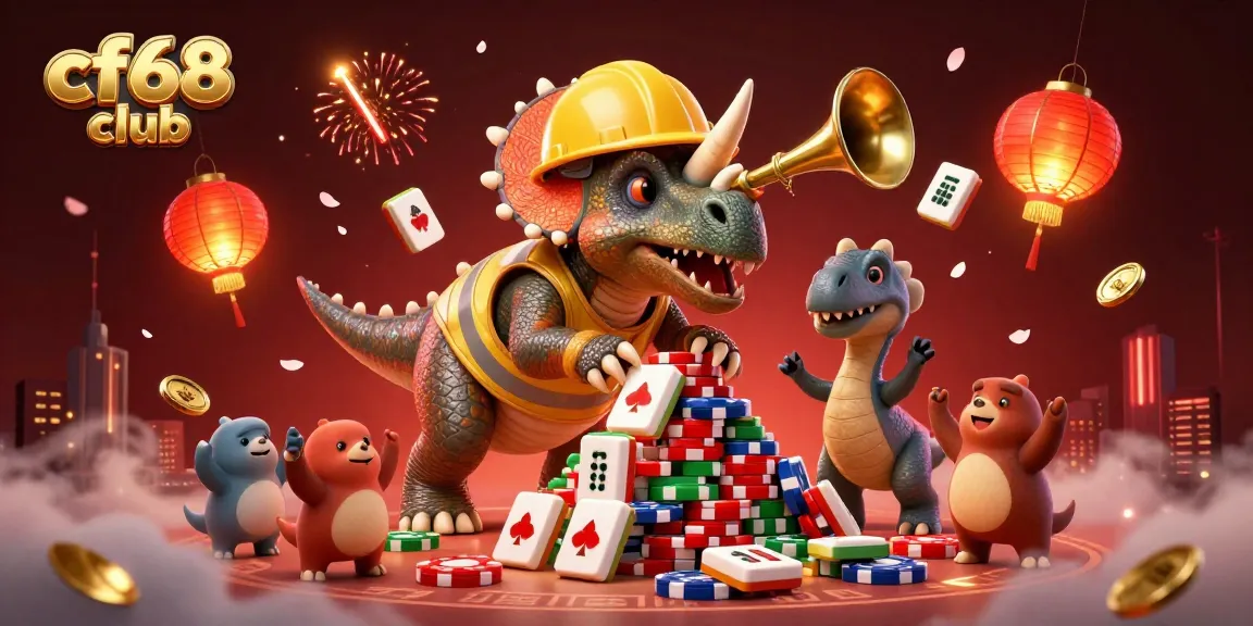 Experience the vibrant celebrations of cf68 club with a cheering dinosaur crew building poker chip towers in a lively casino scene.