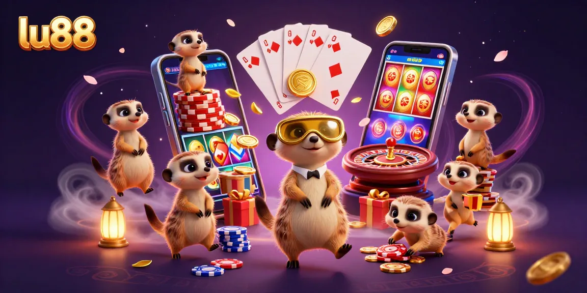Experience the thrill of lu88 with playful meerkats managing an energetic casino scene of excitement and gaming.