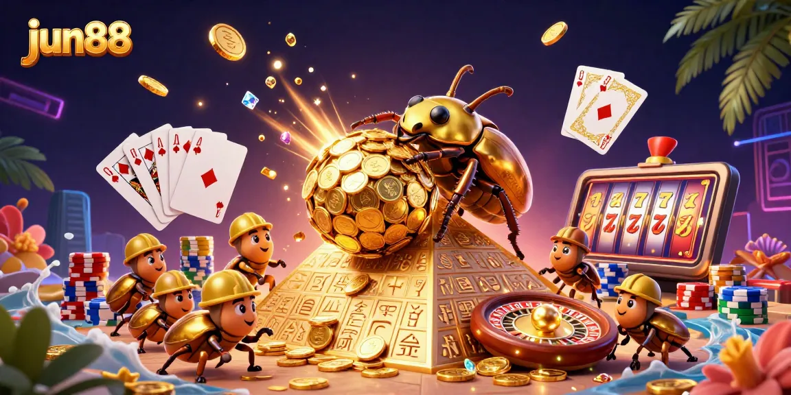 Experience thrilling gameplay with jun88's dynamic casino scene featuring golden coins and powerful symbols.