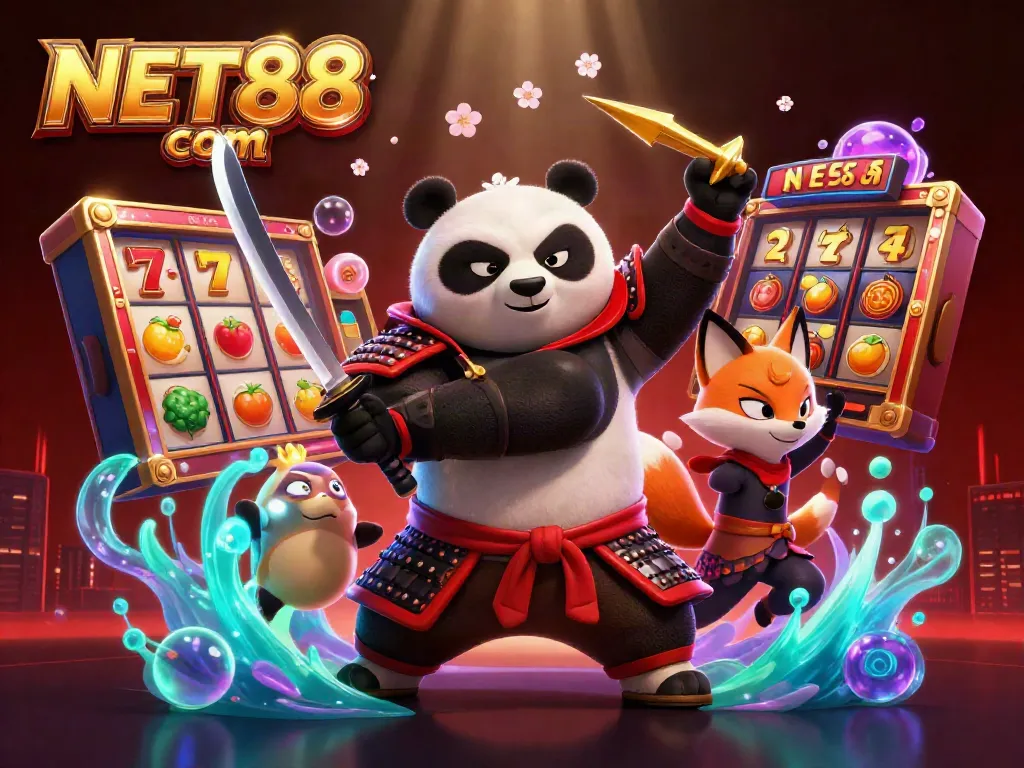 Engaging scene of NET88 com with a samurai panda, ninja fox, and tanuki amidst festive gambling elements.