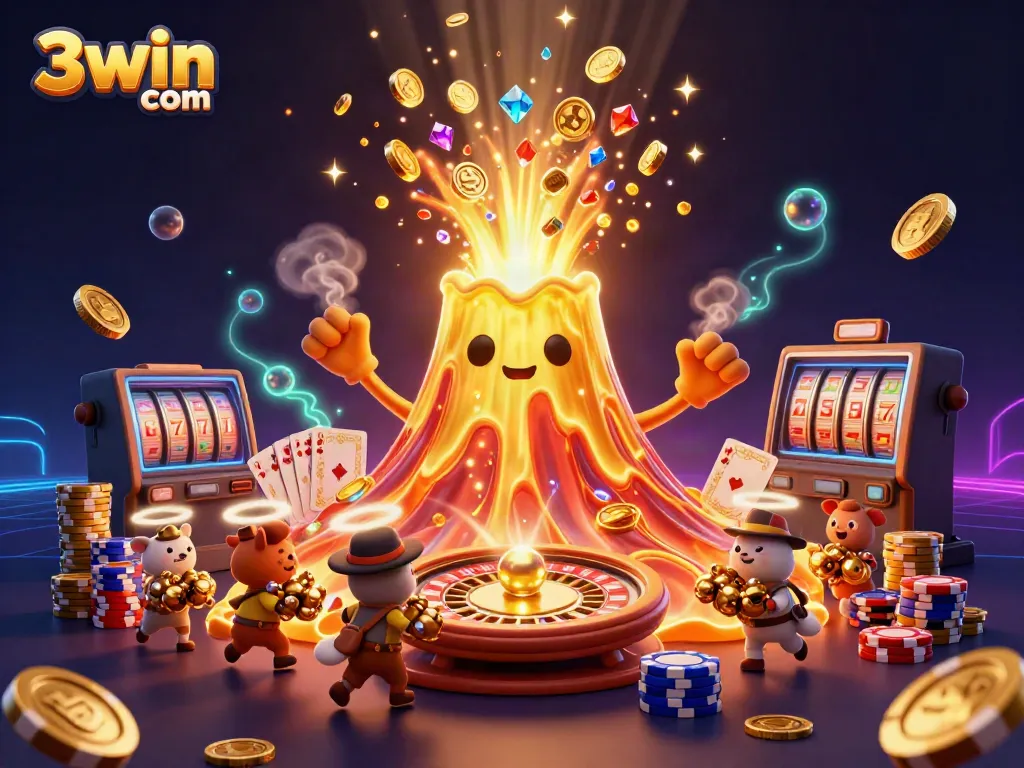 Experience the thrill of 3win com as golden volcanoes erupt treasures in this vibrant casino scene.