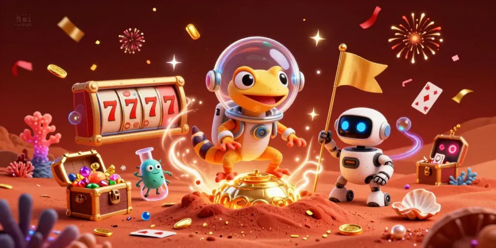 Hit Club brings excitement with vibrant slot machines, showcasing a Martian gecko in a lively casino scene.