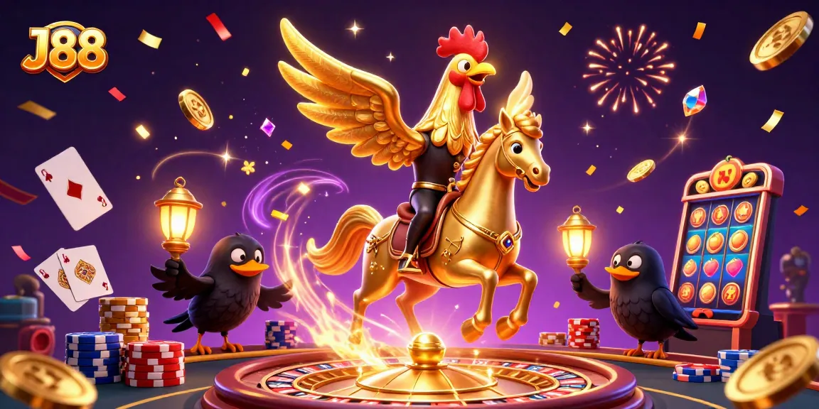 Experience J88's thrilling casino adventure with a golden rooster and spectral horse amidst sparkling gems.