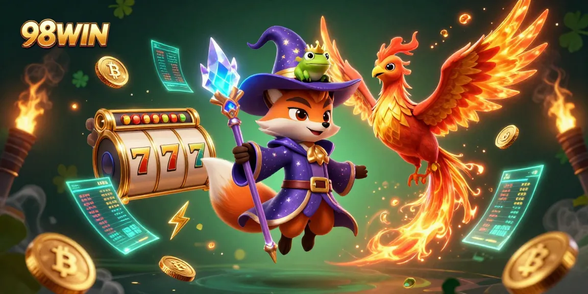 Experience the thrill of winning big with 98WIN in this dynamic casino illustration featuring lucky symbols!