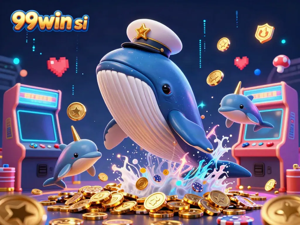 Engage in gaming excitement with 99win si featuring a cartoon whale and playful dolphins amongst colorful casino elements.