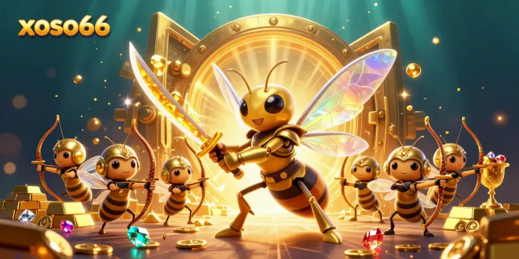 Engage with xoso66's vibrant 3D world, showcasing golden treasures and dynamic characters.