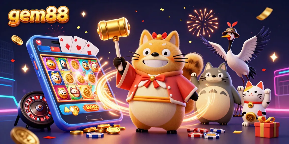 Engage with gem88's vibrant slots scene featuring lucky tanuki and fortune symbols.