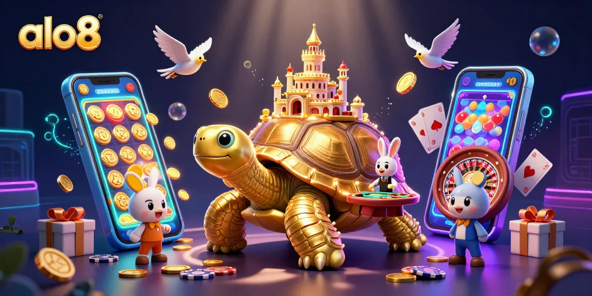 Experience the excitement of alo8 casino with a vibrant 3D illustration featuring a golden tortoise and thrilling game elements.