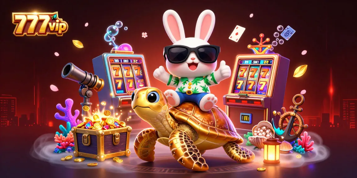 Experience 777vip's vibrant casino excitement with a lucky rabbit and sea turtle illustration.