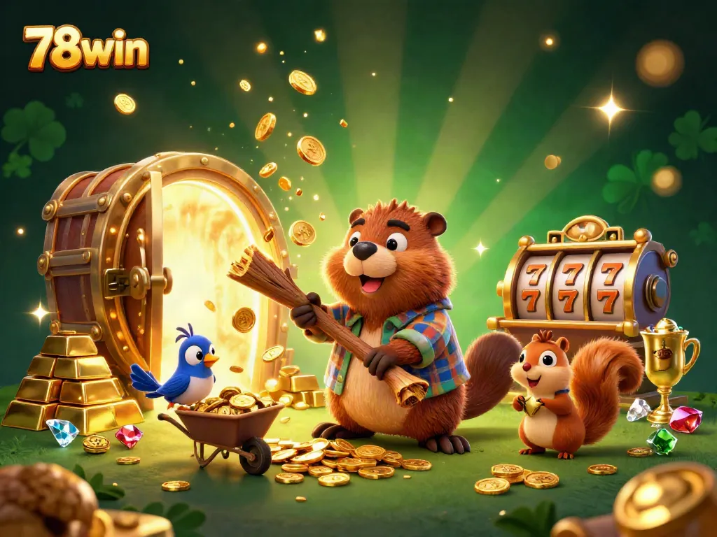Stack coins with 78win as a beaver chops a tree raining gold, while a squirrel stacks strife in a dynamic casino atmosphere.
