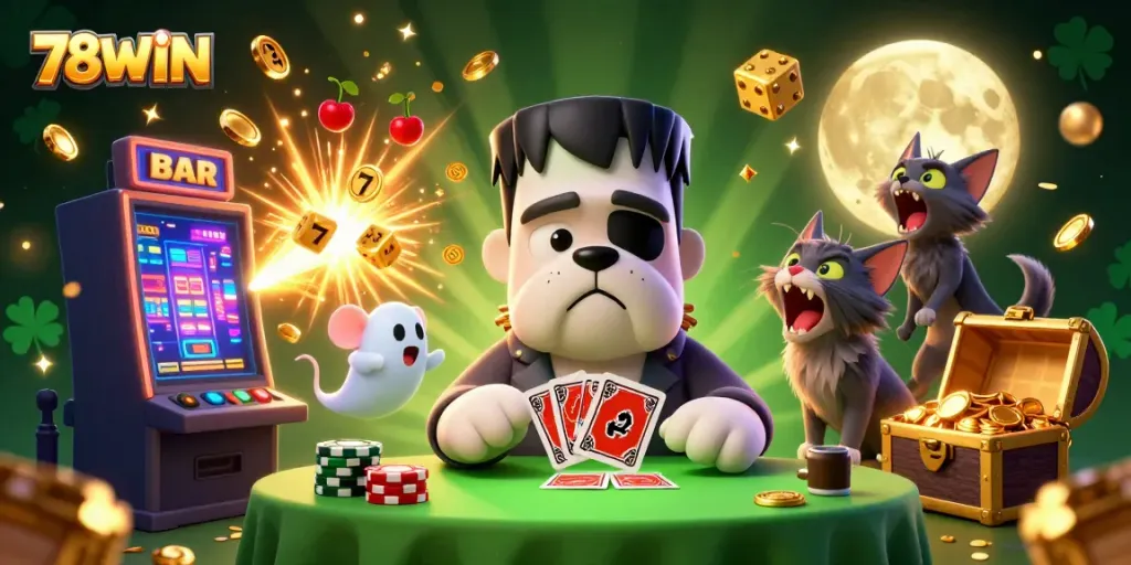 Join 78WIN's lively casino scene as Frankenstein bulldog deals cards amidst joyous gambling action.