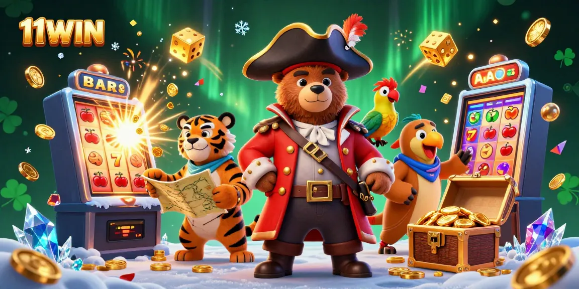 Engage with 11WIN's thrilling 3D pirate casino adventure featuring vibrant slot machines and golden treasures.