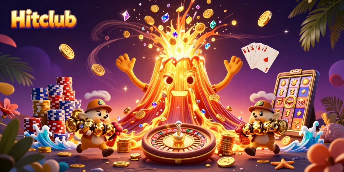 Hitclub showcases a triumphant volcano erupting coins and gems, symbolizing casino excitement.