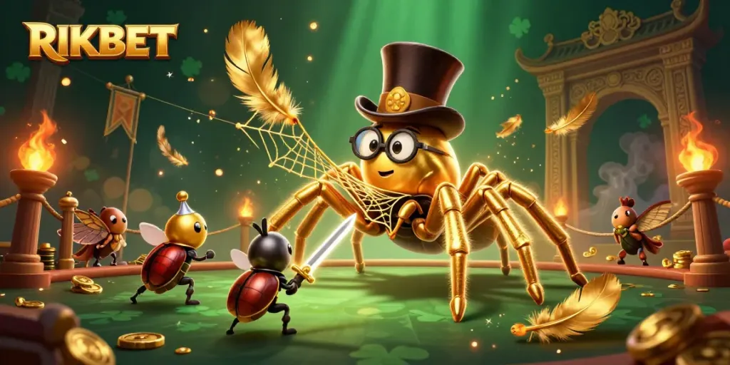 Experience the thrilling world of RIKBET with a vibrant illustration featuring a golden tarantula and beetle knight.