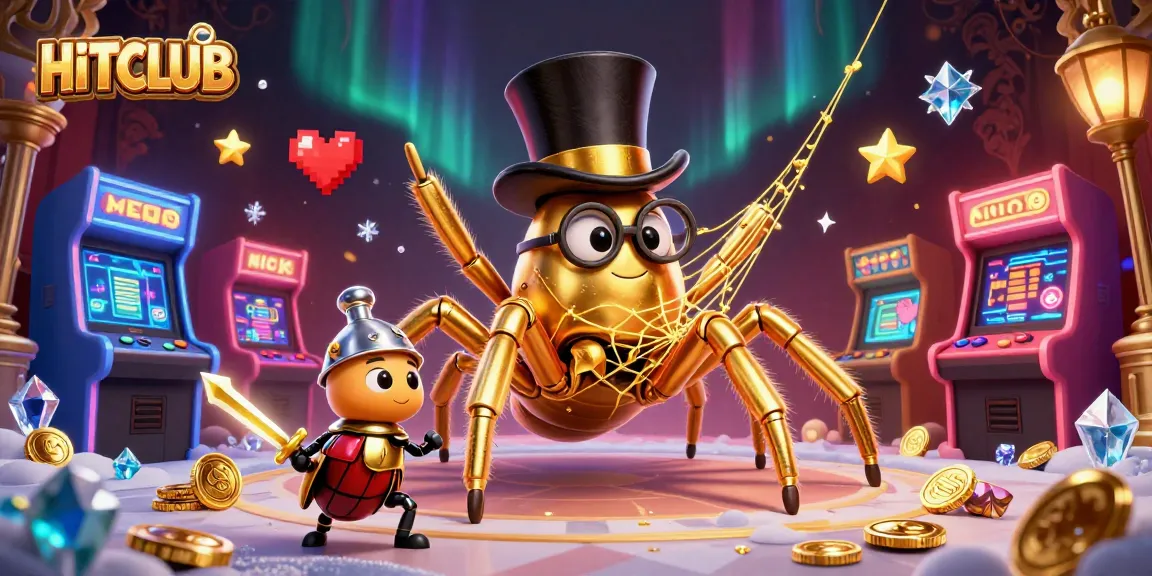 HITCLUB showcases a vibrant illustration with a golden tarantula weaving casino threads and beetle knight adventuring through games.